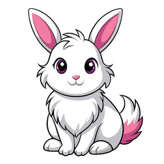 A small, fluffy white rabbit with pink ears sits and appears to be grooming its paws with white background