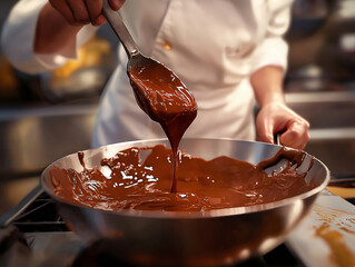 A chef in a white uniform carefully spoons rich, melted chocolate from a metal pan