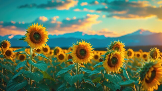 Field of sunflowers at dusk with mountain silhouettes. Background of yellow flowers.