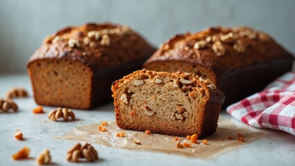 Walnut and carrot cake against a white backdrop. Shallow focus