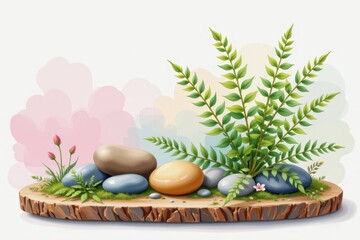 gentle pastel watercolor of a peaceful nature arrangement with ferns, stones, and a smooth wooden base