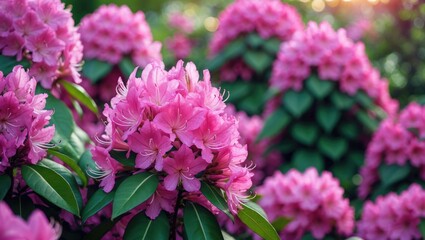 Fototapeta premium Blooming Rhododendron Azalea species in a botanical garden. Background featuring large pink lilac flower petals. Floral festival of pink azaleas