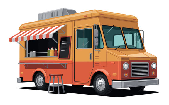Retro Orange Food Truck with Striped Awning and Menu Board