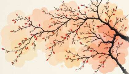 faint, pastel colored watercolor wash with minimal black line drawings of leaves and branches