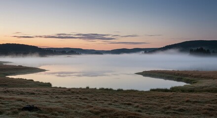 Serene Foggy Lake Landscape at Dawn, Tranquil Nature Scene, Sunrise Photography