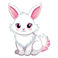 A small, fluffy white rabbit with pink ears sits and appears to be grooming its paws with white background