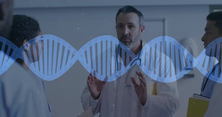 Team holding manila folder starting genetic testing briefing in corridor with pulsing DNA helix - Powered by Adobe