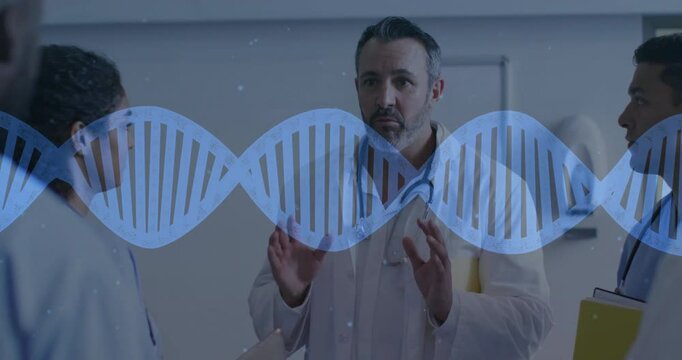 Team holding manila folder starting genetic testing briefing in corridor with pulsing DNA helix