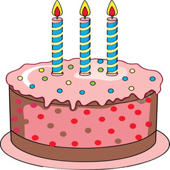 Vector depiction of an oversized birthday cake with candles flickering.