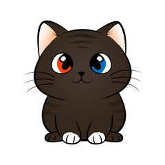 Black cartoon kitten with multi colored eyes. Cute cat with funny face and blue and red eye for bright childrens design