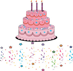 Vector image of a large celebratory birthday cake with candles aflame.