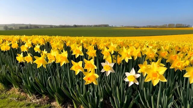 Vibrant yellow daffodil flowers bloom in a field, with a few white narcissus flowers interspersed in a sunny landscape.