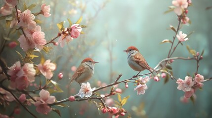 A Serene Encounter: Sparrows Amidst Blossoming Branches in Soft Hues of Spring