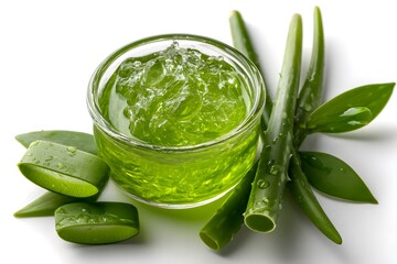 Obraz premium aloe vera gel in a transparent glass bowl with cut aloe slices on white background, natural skincare, organic soothing beauty product