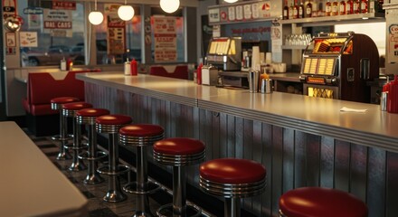 Retro Diner Interior with Bar Stools and Jukebox - Photo