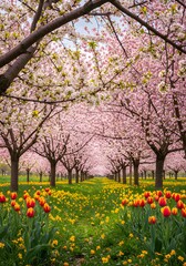 Spring blossom scene. Frame blooming trees or a field of flowers (e.g. cherry blossoms, tulips). A vertical shot could focus on a single flowering branch against sky, and a horizontal on a line of tre
