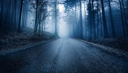 Naklejka premium dark scary forest road on foggy night