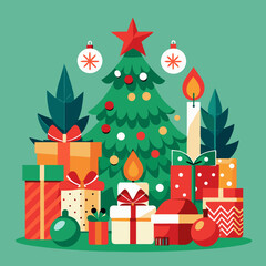 Christmas decoration with christmas tree gift boxes red candles vector illustration