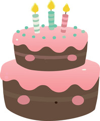 Festive vector image of a big birthday cake with candles lit on top.