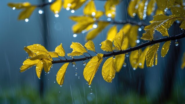 Macro photography of a tree branch featuring yellow leaves and rain.