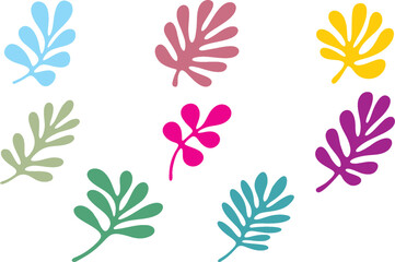 Different color  tropical leaves on white. Botanical branches elements for design. Abstract floral print, trendy collage patterns. Floral botanic, fabric design templates. Editable vector EPS 10.