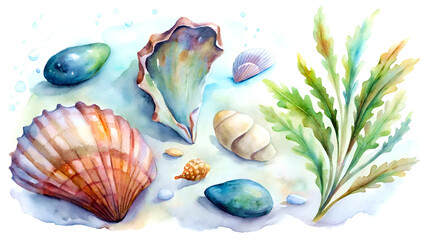 Watercolor Seashells Beach Stones and Seaweed Illustration