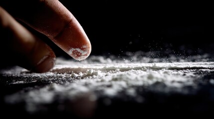 Flour Dust, Fingertip Touching White Powder, Dark Background, Close-up Photography