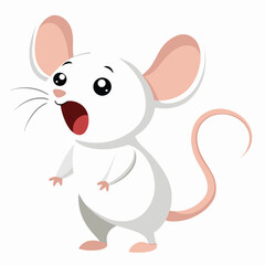 A tiny white mouse with big ears stands on its hind legs with its mouth open, appearing to be singing or squeaking with white background.