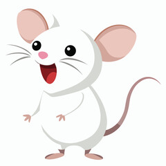 A tiny white mouse with big ears stands on its hind legs with its mouth open, appearing to be singing or squeaking with white background.