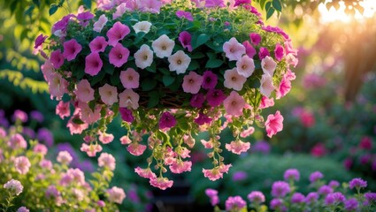 Fototapeta premium Garden featuring purple petunia flowers with a shallow focus.