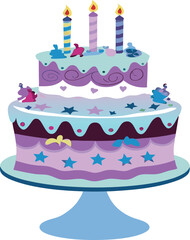 Celebratory vector drawing of a large cake with glowing birthday candles.