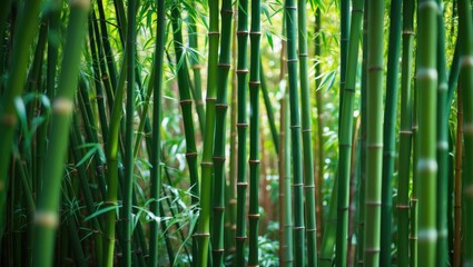 A peaceful bamboo thicket in the garden, displaying lush green stalks and foliage, establishing a serene and zen atmosphere
