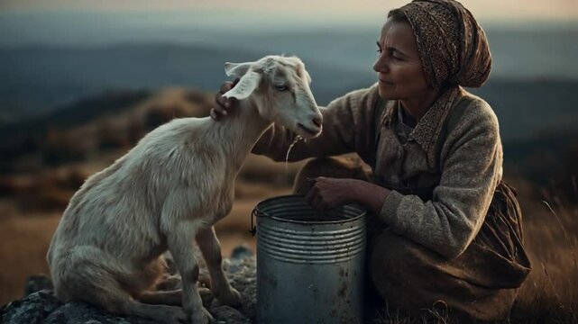 Woman in traditional peasant attire gently milks a white goat in a tranquil mountainous landscape during twilight, collecting milk in a bucket, evoking rural life and sustainable farming