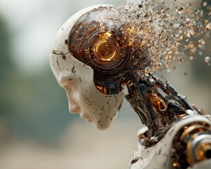 Fototapeta premium Professional quality modern cutting-edge intelligent AI robot, sleek mechanical head with transparent circuits and neural network glow, surrounded by abstract particles