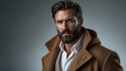Fototapeta premium Portrait featuring a bearded man clad in a winter jacket on a grey background.