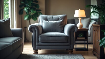 Fototapeta premium Real photograph of a grey armchair in a living room, accompanied by a lamp and a plant on a cabinet next to the sofa.