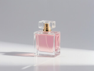 Elegant Pink Perfume Bottle with Gold Spray Cap on White Background..