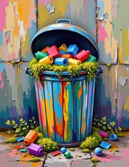Fototapeta premium fauvist style painting of a trash can overflowing with colorful plastic and moss, bold brushstrokes, vivid colors