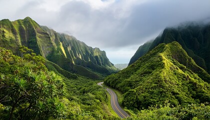 green hawaii mountains with a single road