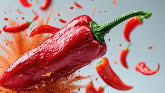 Red hot pepper in an explosive close-up