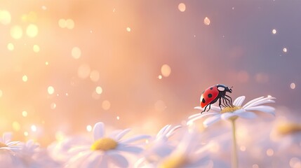 Naklejka premium Ladybug Walking on Daisy Flower in Summer Field
