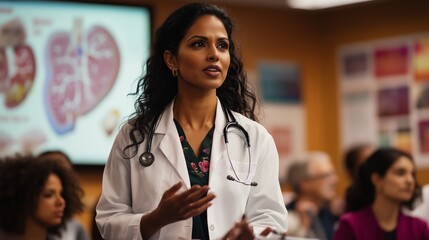 Healthcare professional presents medical information during a conference in a well-lit conference room setting