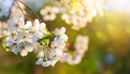 white cherry tree flowers blooming on a sunny spring day