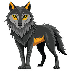 A wolf with tawny and gray fur and intense yellow eyes stands facing forward with white background.
