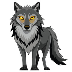 A wolf with tawny and gray fur and intense yellow eyes stands facing forward with white background.

