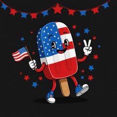 Cartoon ice cream character celebrating Independence Day with flag