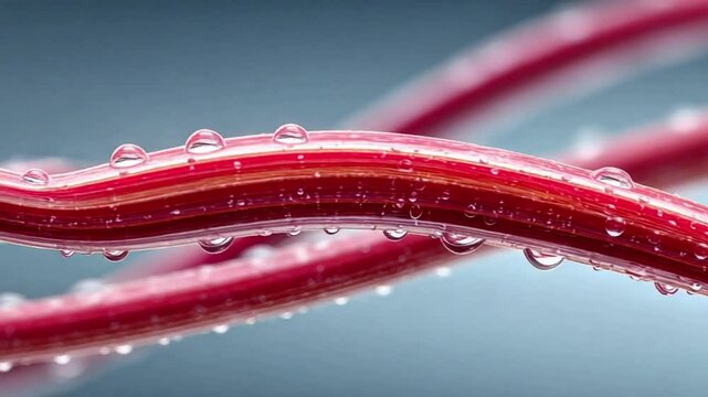 Extreme Close-up of Wet Red Muscle Fibers with Water Droplets - AI