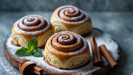 Fototapeta premium Freshly Made Sweet Cinnamon Rolls, Swirled on White Surface