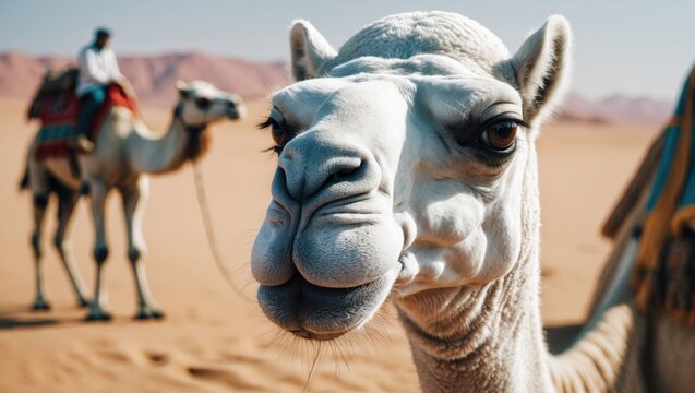 Desert-dwelling white camel journeying freely under the guidance of his Bedouin shepherd.