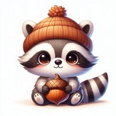 Cute raccoon wearing a knitted hat holding an acorn, cozy autumn mood, kawaii style
